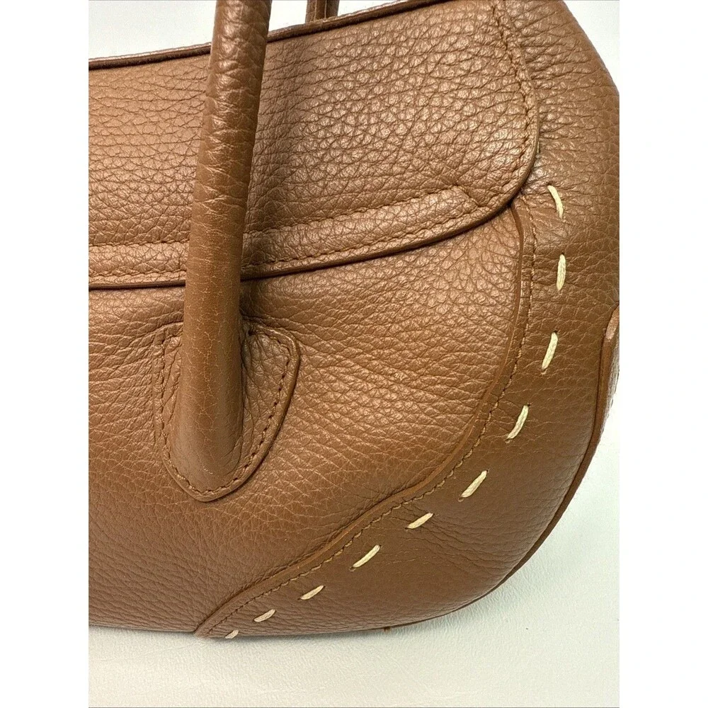 Escada Brown Pebble Leather Stitch Trim Front Flap Gold Hardware Satchel Handbag